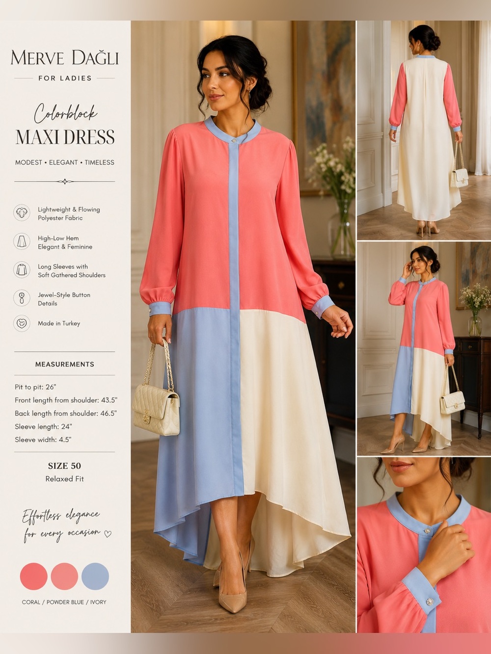 Merve Dağlı Size 50 Colorblock High Low Modest Maxi Dress Made in Turkey